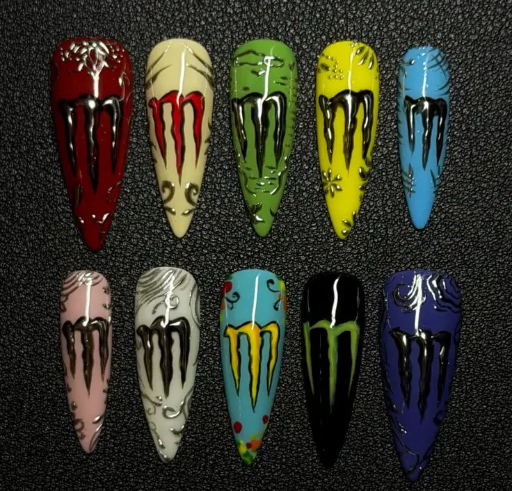 Monster Energy Nails, Neon Drip Press On Nails, Colorful Stiletto Nails, Y2K Goth Nail Art, Alternative Punk Press Ons