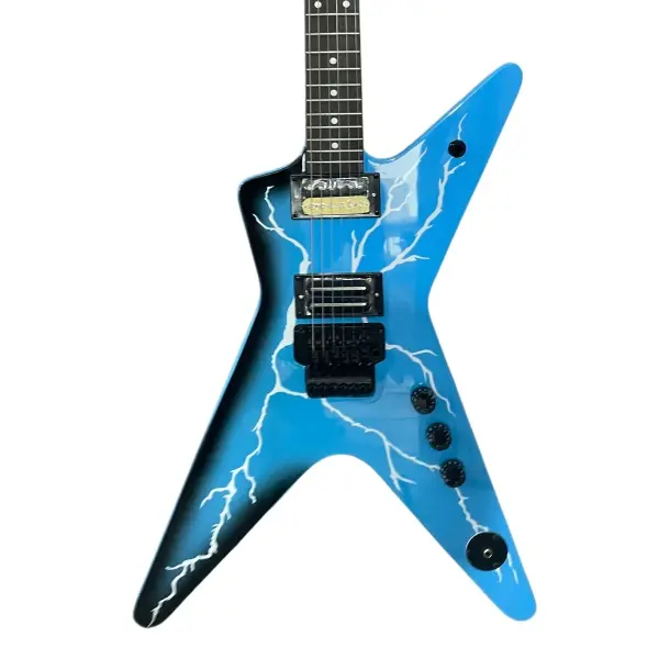 Dimebag Darrell ML Style 6-String Electric Guitar with Blue Lightning Veneer, Floyd Rose Vibrato, Rosewood Fingerboard, Mahogany Body, Guitar Tuning Pegs Guitar Strings Acoustic Guitar Stand