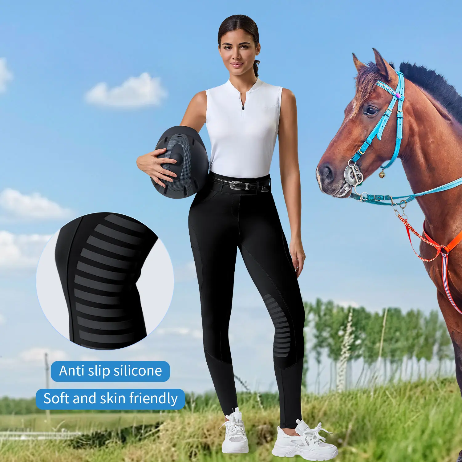 Women's Fitted High-Waist Silicone Knee Patch Equestrian Breeches - Female Butt-Lifting Horse Riding Pants with Pockets