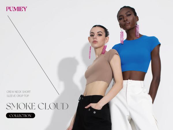 PUMIEY White Crop Top Crew Neck T Shirt Women's Short Sleeve Sexy Tee, Great Style with light blue jean shorts