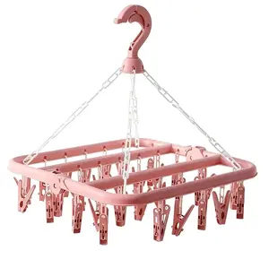 Clothes Drying Hanger with 32 Clips and Drip Foldable Hanging Rack for Socks Towels Diapers Bras Baby Clothes Underwear Plastic Multifunctional Household Adjustable Hooks Organiser