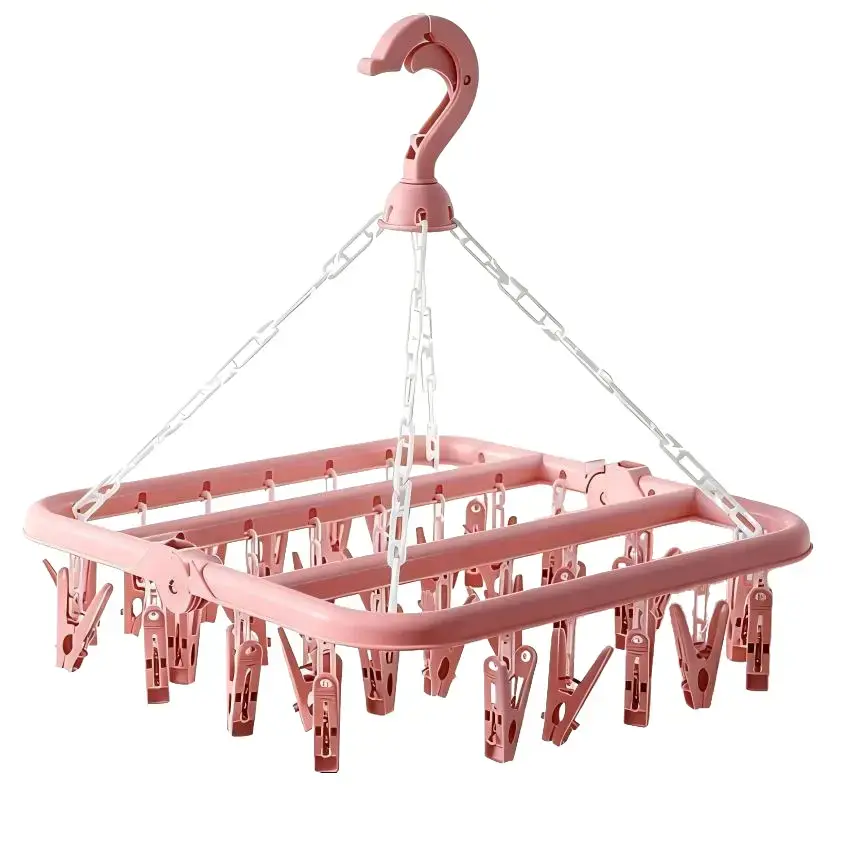Clothes Drying Hanger with 32 Clips and Drip Foldable Hanging Rack for Socks Towels Diapers Bras Baby Clothes Underwear Plastic Multifunctional Household Adjustable Hooks Organiser