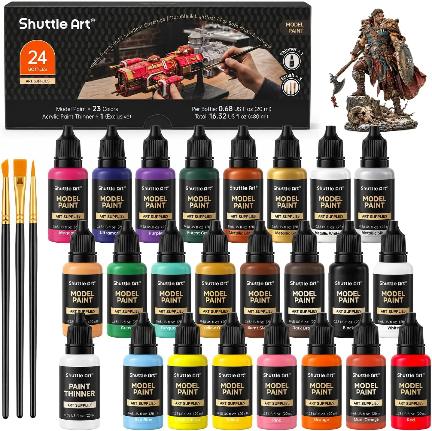 Shuttle Art 23-Color Model Acrylic Paint Set, 20ml/0.68oz Tubes with Metallic Shades, 1 Acrylic Thinner, 3 Detail Brushes for DIY Painting (Toys & Hobbies Supplies), Includes Thinner