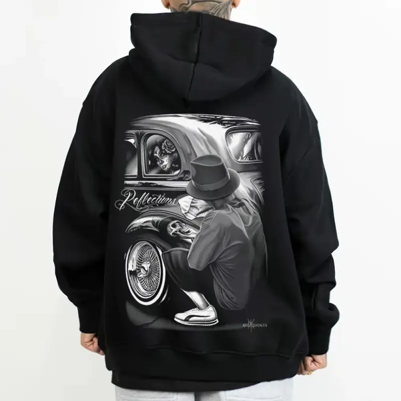 Graphic-Hoodie & T-Shirt – Dga David Gonzales Reflections, Lowrider Car Show Homies Art, Chicano Graphics, Gangster Chicano Art Tee, Streetwear Urban Fashion, Unisex Pullover Hoodie & Sweatshirt, Trendy Casual Top