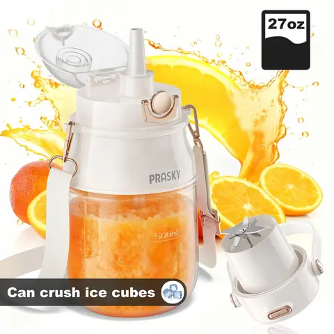 Prasky Portable Blender Juicer - BPA-Free Cordless Blender Smoothie Maker, Type-C USB Rechargeable 1500mAh, 70W Powerful, 27oz Lightweight Compact Mini, Extra Lid, Shoulder Strap, Dishwasher-Safe Parts, Ideal for Gym, Travel