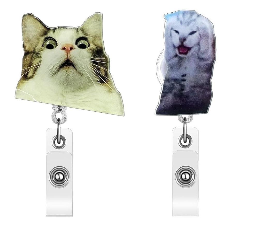 Cute Cat Badge Set 6pcs Cat meme Badge Reel Animal Pins Badge Reel Acrylic Card Holder Retractable Badge with Alligator Clip for Nurse Doctor Medical Healthcare Worker Student Office School Teacher, Expressive Mood Accessories
