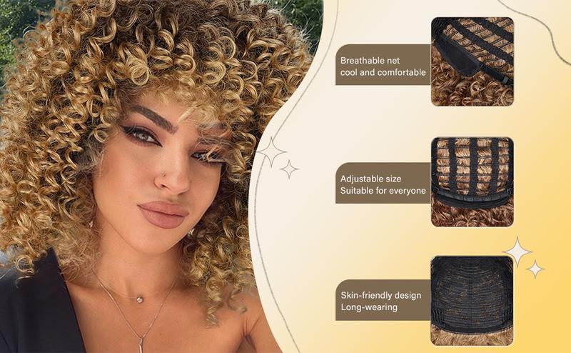 Xinran 14-inch Blonde Curly Synthetic Wig Brown Mixed Gold Afro Wig for Black Women Heat Resistant Everyday Wear Brown to Gold Style
