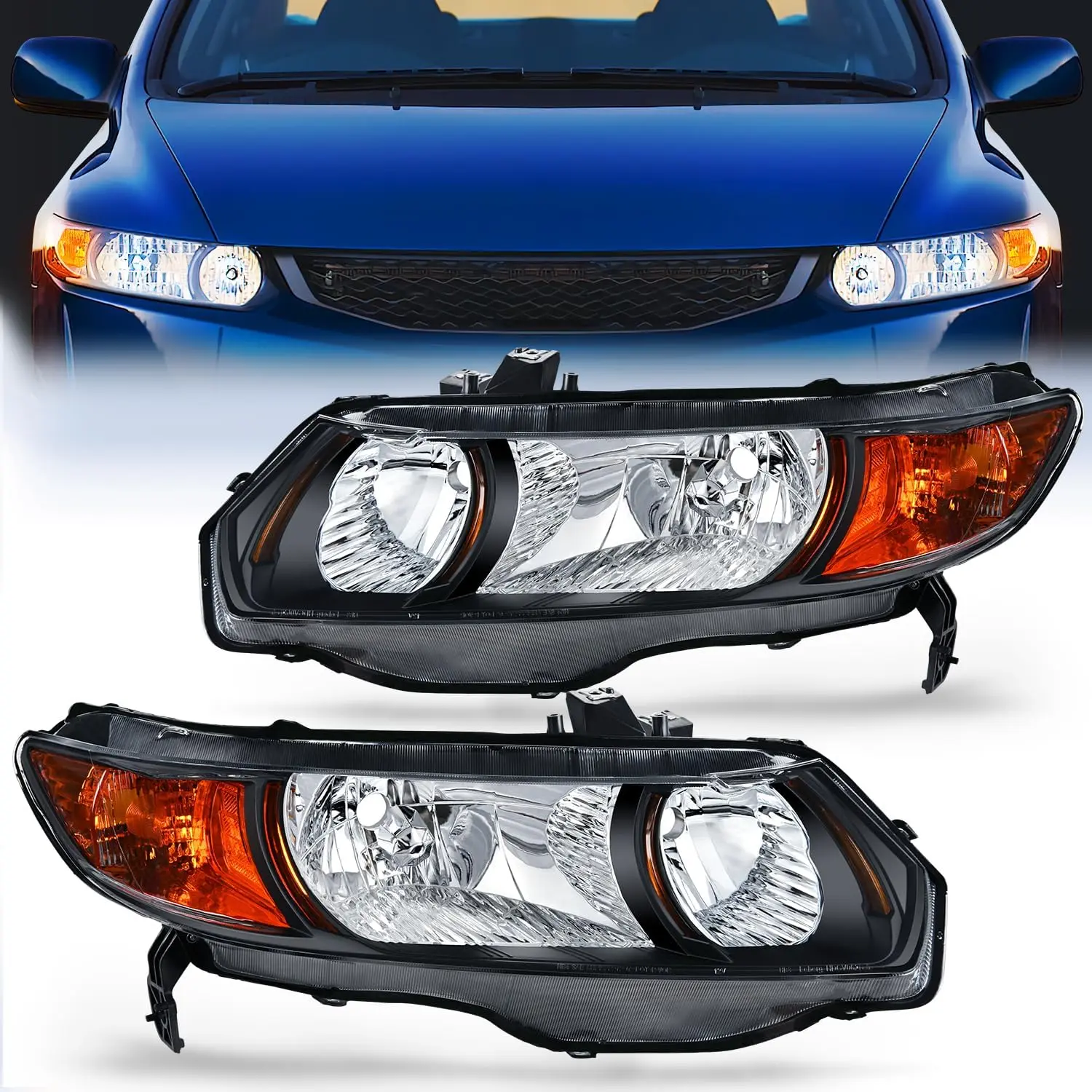 Nilight Headlight Assembly - Compatible with 2006-2011 Honda Civic 2-Door Coupe, Black Housing, Amber & Metal Reflectors, Adjustable, Driver & Passenger Side Replacements, Car Lights, Car Exterior Upgrade Auto Parts with Humidity & Temperature Resistance,