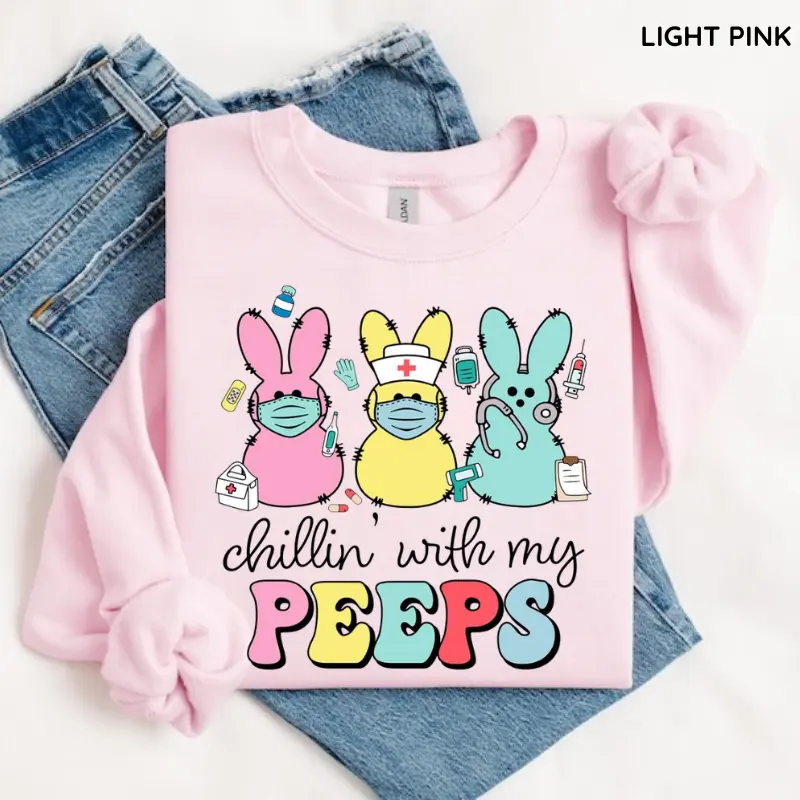 Gildan Chillin’ With My Peeps Sweatshirt, Easter Bunny Crewneck, Doctor Nurse Easter Gift, Cute Peeps Crew Sweater, Trendy Easter Healthcare Worker