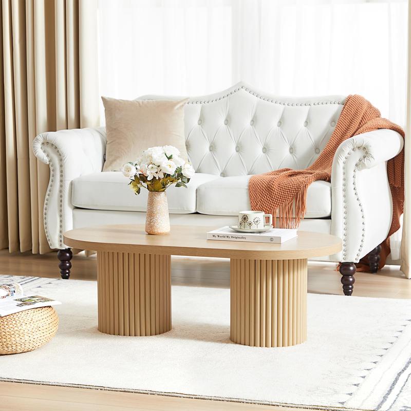 Giratree 39.38" Fluted Oval Coffee Table for Living Room, Boho Modern Coffee Table with Fluted Legs, Curved Round Wood Center Table for Home, Small Spaces, Office