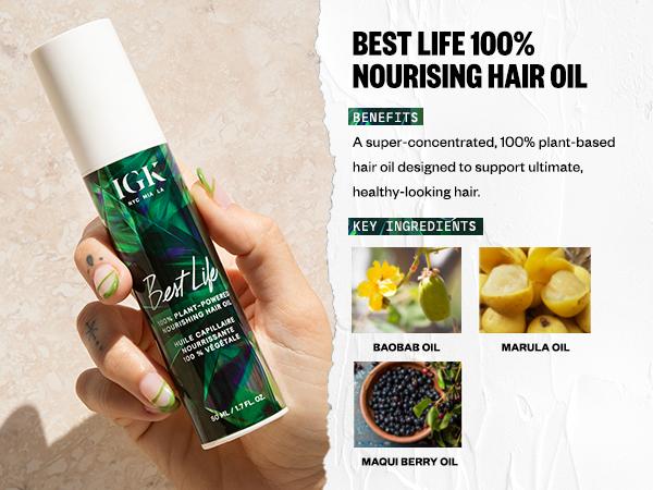 IGK BEST LIFE Nourishing Hair Oil | 100% Plant Powered Nourishing Hair Oil | Smooth + Soften + Heat Protectant | Vegan + Cruelty Free | 50ml | 1.7 oz