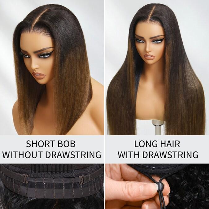 UNice Glueless Ombre Chestnut Brown Yaki Straight Wig with Drawstring Pre Cut 7x5 Lace Human Hair Wigs with Bleached Knots Beginners Friendly Natural Scalp