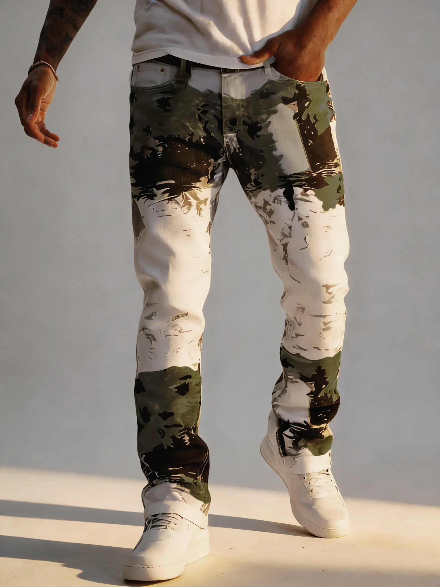 Menswear Slim Straight Camouflage Jeans, Heavyweight Color Block Fabric, Mid Waist Belt-free Trousers with Button Closure and 5 Pockets, Classic, Stylish, Jean Pants Bottoms, Clothes, Casual, Denim, Streetwear, Fashion Apparel, Halloween, Christmas, Butto