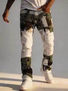 Men's Slim-Fit Straight-leg Jeans Green Grey Camouflage Print Heavy weight Fabric Button Closure Color Block No Belt Mid Waist Casual  Streetwear Classic Menswear Fashion Trouser With 5  Pocket
