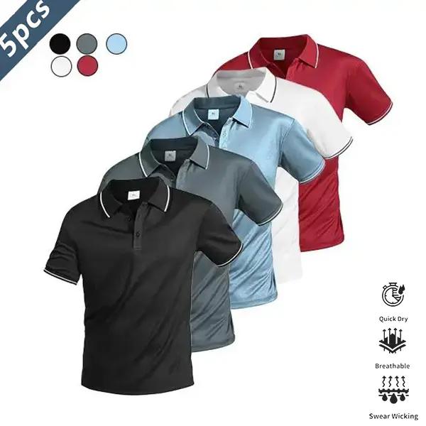 Five-piece men’s casual short-sleeve polo set—quick-dry golf and tennis shirts, comfortable riding wear, stylish men’s sportswear—ideal for casual gatherings, vacations, and travel; contrast color design at the neckline and cuffs.