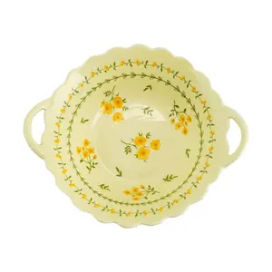 Golden Lion 7.5 Inch Ceramic Bowl - Japanese Style Rustic Yellow Floral Design, Wide Rimmed Soup Bowl for Salad, Cereal, Ramen, Dessert, 20x16.5x6.7cm