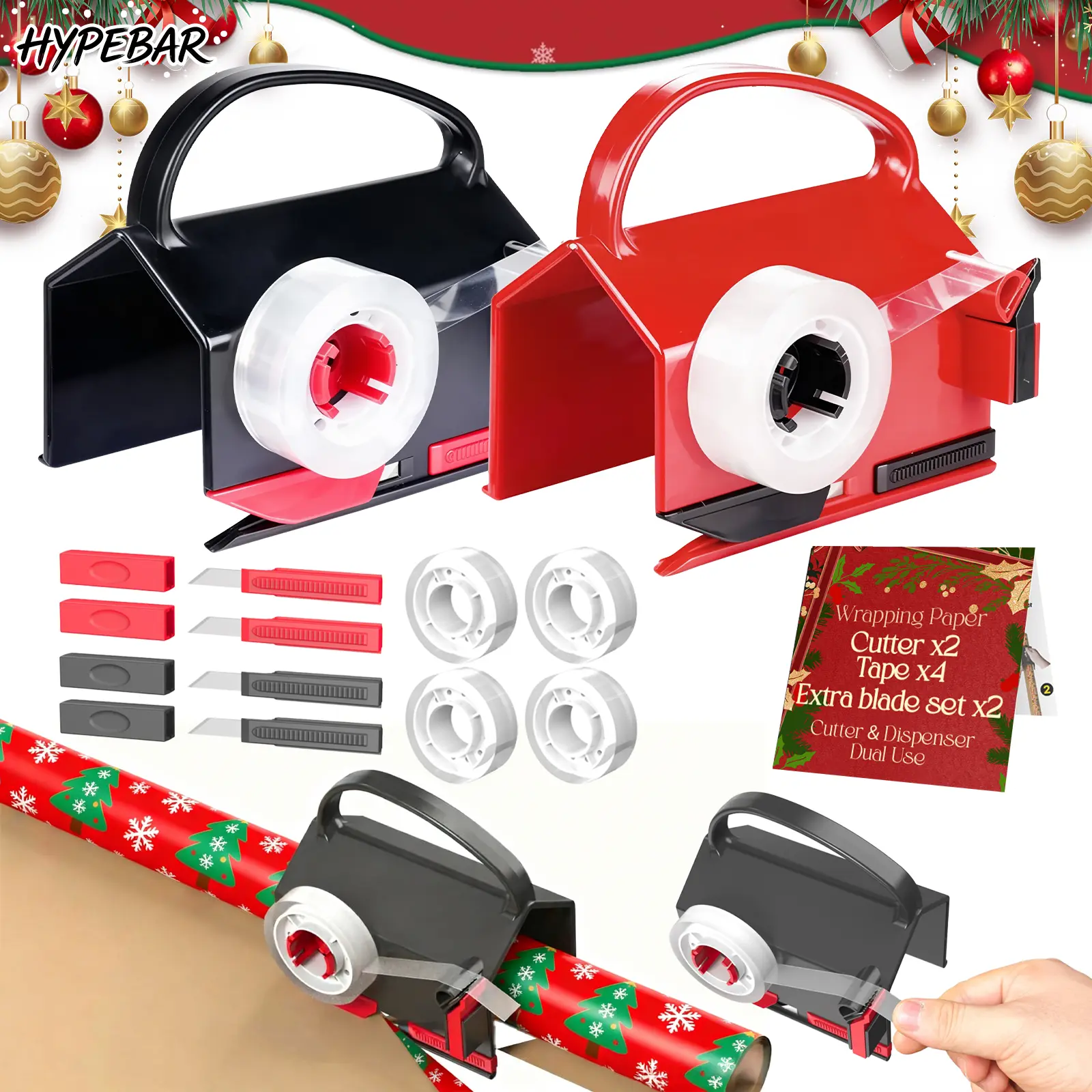 HYPEBAR 2-Pack Dual-Use Wrapping Cutter & Tape Dispenser Kit - Ergonomic Handle, 4 Tapes, 2 Replacement Blades, Paper Roll Holder Tube, Slides to Slice Cellophane/Kraft Paper, Handles Up to 1,000 Gift Boxes for Christmas/Birthday, Holiday, 2-