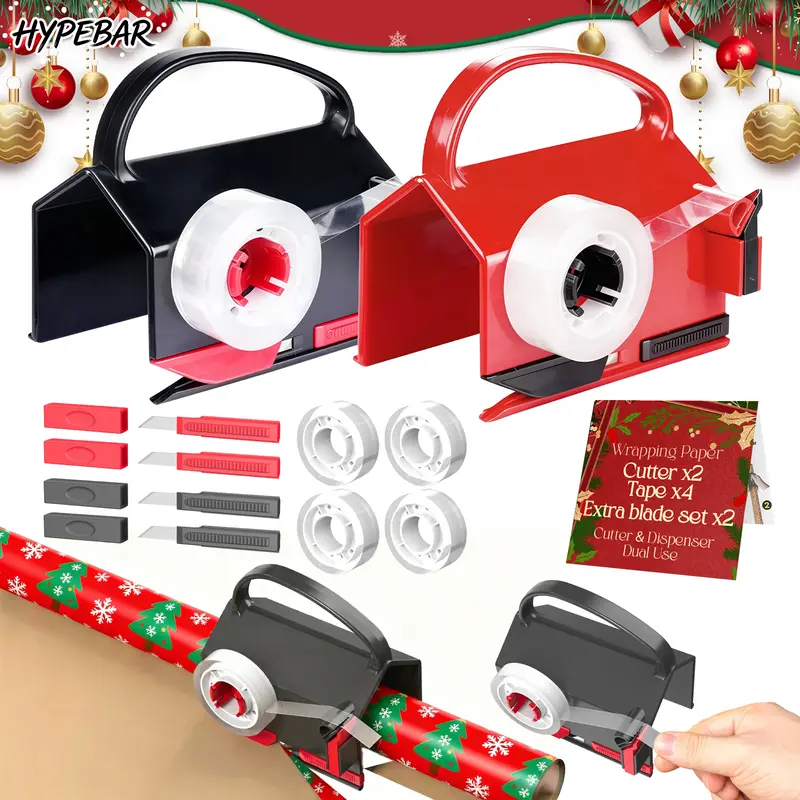 HYPEBAR 2-Cutters Dual-Use Wrapping Cutter+Dispenser Set - Ergonomic Handle, Includes 4 Tapes, 2 Replacement Blades, Paper Roll Holder Tube, Slices Cellophane/Kraft Paper, Handles Up to 1,000 Gift Boxes (Christmas/Birthday)