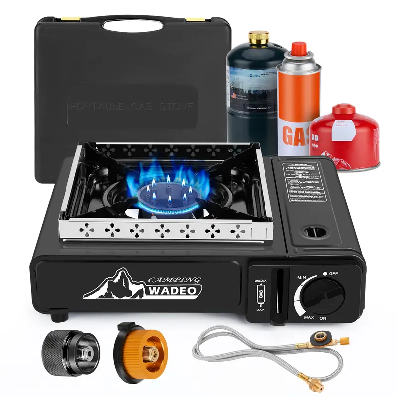 WADEO Compact 3-Fuel Portable Camping Stove with Wind Blocker, 7800 BTU/Hour 3-in-1 Fuel Compatibility Camping Cooking Set, Piezo Spark Start, Durable & Heat-Resistant Stainless Steel Hose Adapters, Flame Control, Carrying Case for Hiking, BBQ