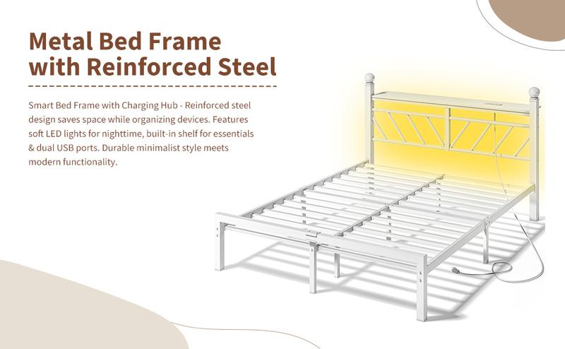 [RaybeeBrandyDay]RaybeeFurniture Twin/Full/Queen Metal Bed Frames ,with LED Lights and Charging Station, Sturdy Bed Frames with Headboard and Footboard, with Storage Shelves and Under Bed Storage, No Box Spring Needed, Noise Free[Black Friday]