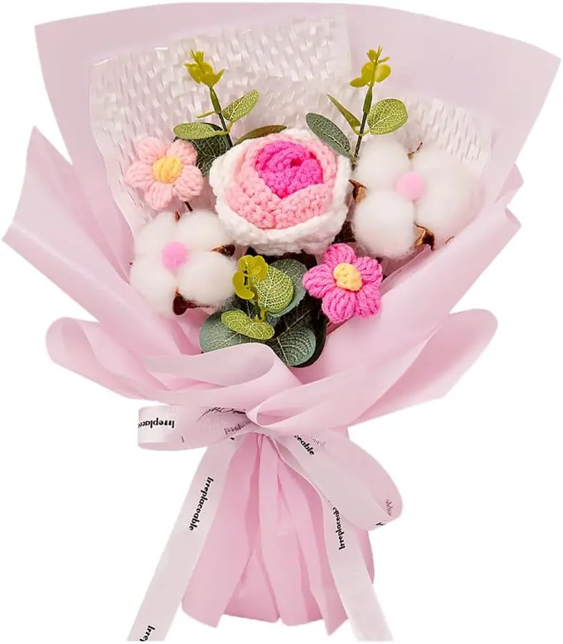 Handmade Crochet Rose & Pink Tulips Bouquet - Decorative Faux Flower Bouquet Flowers, Wedding Floral Decor, Ideal for Home Decor, Gift for Her (Mother's Day, Valentine's Day)