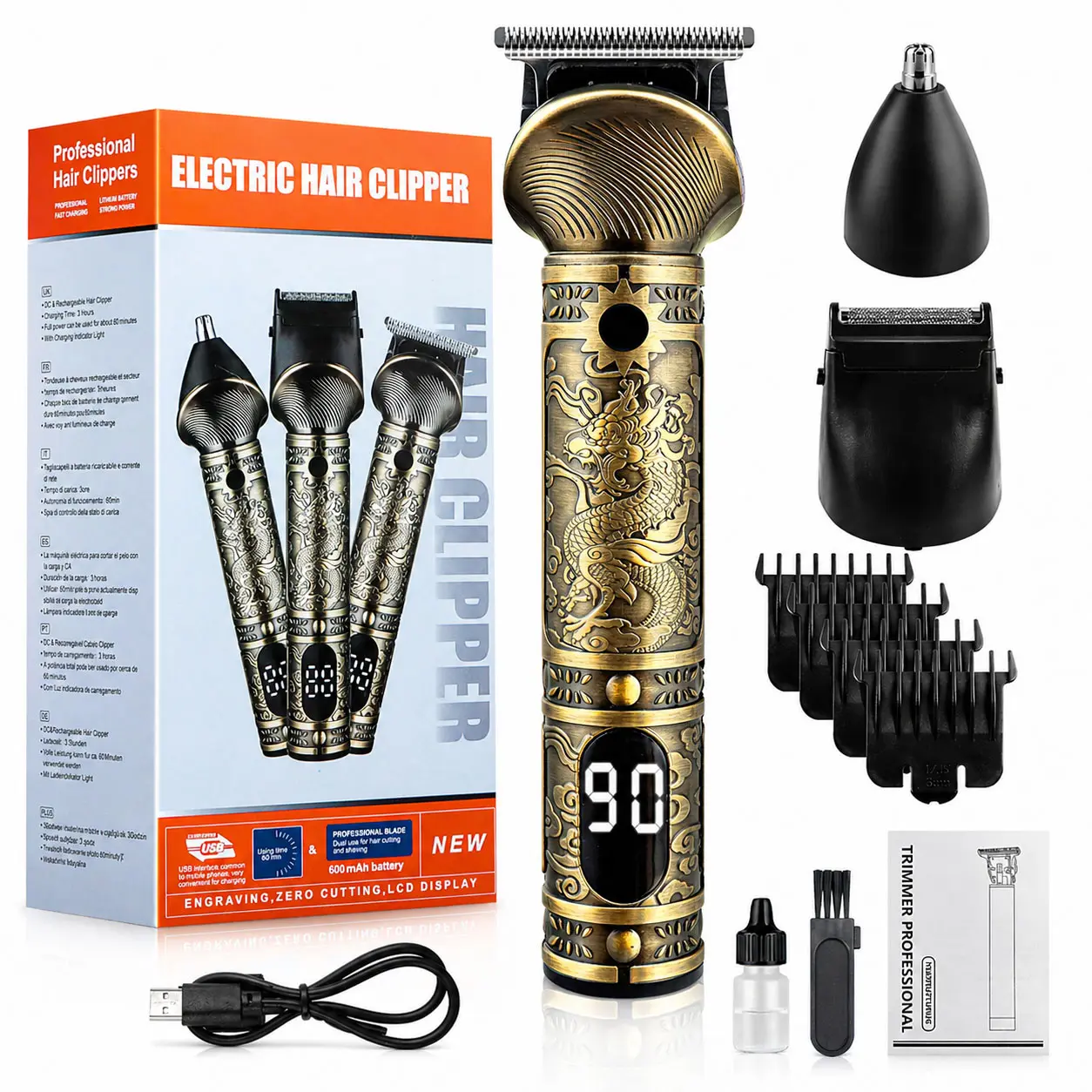 Men's Vintage Dragon T9 Hair Trimmer Kit - Professional 0-Gap Barber Clippers, LCD Display, Adjustable Speed, Portable Cordless Rechargeable Long-Lasting Grooming Set for Beard, Hairline,back to school,back to school haul