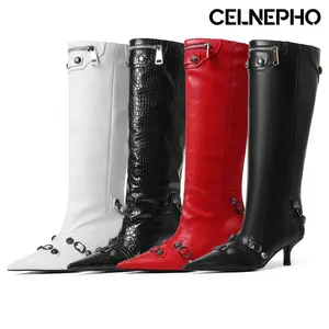 CELNEPHO Gothic Boots for Women Pointed Toe Knee High Boot Metal Studded Rivet Design Kitten Heel Zipper Design Easy Pull on Wedding Party Clubbing Date Gift Fashion Dress Shoes