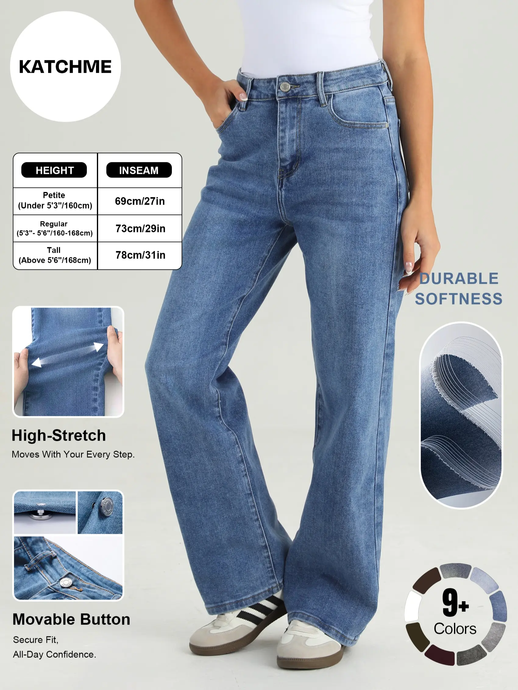 Katch Me Chic(US/CN)Women's Versatile High Waist Stretchy Denim Wide Leg Jeans, Flexible Multi-Pocket Trousers, Soft Wrinkle-Resistant Pants, Non-Shrinking Durable Streetwear, Figure Flattering Daily Outfits #TikTokMadeMeBuyIt #DenimJeans #WideLegPants