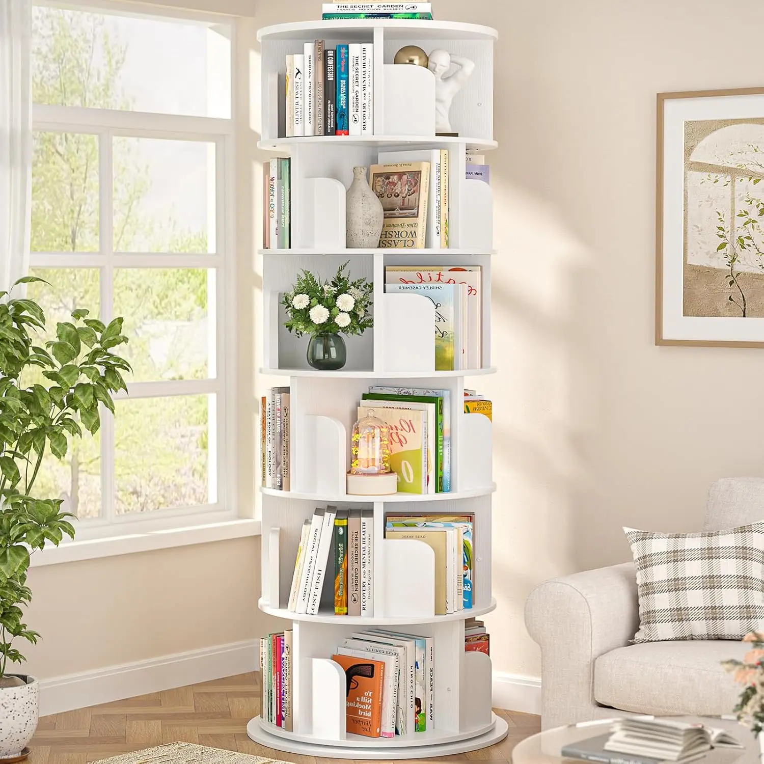 6-Tier Rotating Engineered Wood Bookshelf - 360° Spinning Stable MDF Board Bookcase Tower, 24 Compartments, 15.7" Footprint, Holds 120-150 Books, Space-Saving Corner Organizer for Small Spaces, Corner Fit