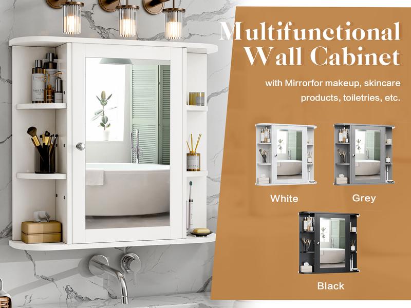 Walsunny Bathroom Medicine Cabinet with Mirror, Wall Mounted Storage Cabinet, Mirror Door & 6 Open Adjustable Shelves, Bathroom Wall Organizer, White