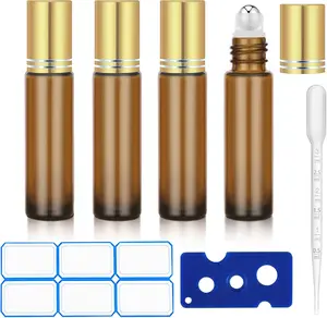 4 Pack of 0.34 Oz (10ml) Essential Oil Roller Bottles - Refillable, Leak-proof Amber Glass Roll-on Bottles with Stainless Steel Roller Balls, Metal Caps, and Labels Included