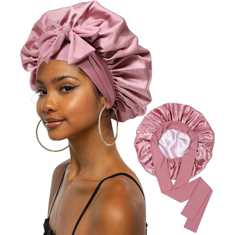 Large Double Layer Solid Satin Bonnets Silk Like Texture for Sleeping Cap with Elastic Band Reversible for Curly Hair Bonnets Gifts for Women