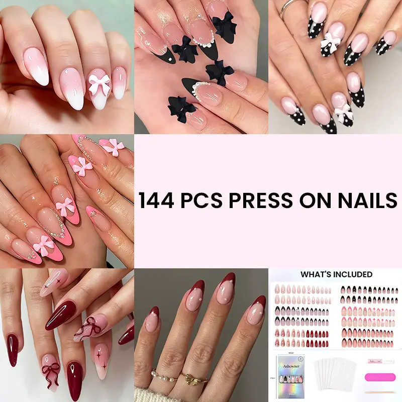6 Packs (144 Pcs) | Reusable Press on Nails | Stick on Nails 12 Sizes-6 Styles | Almond Nails