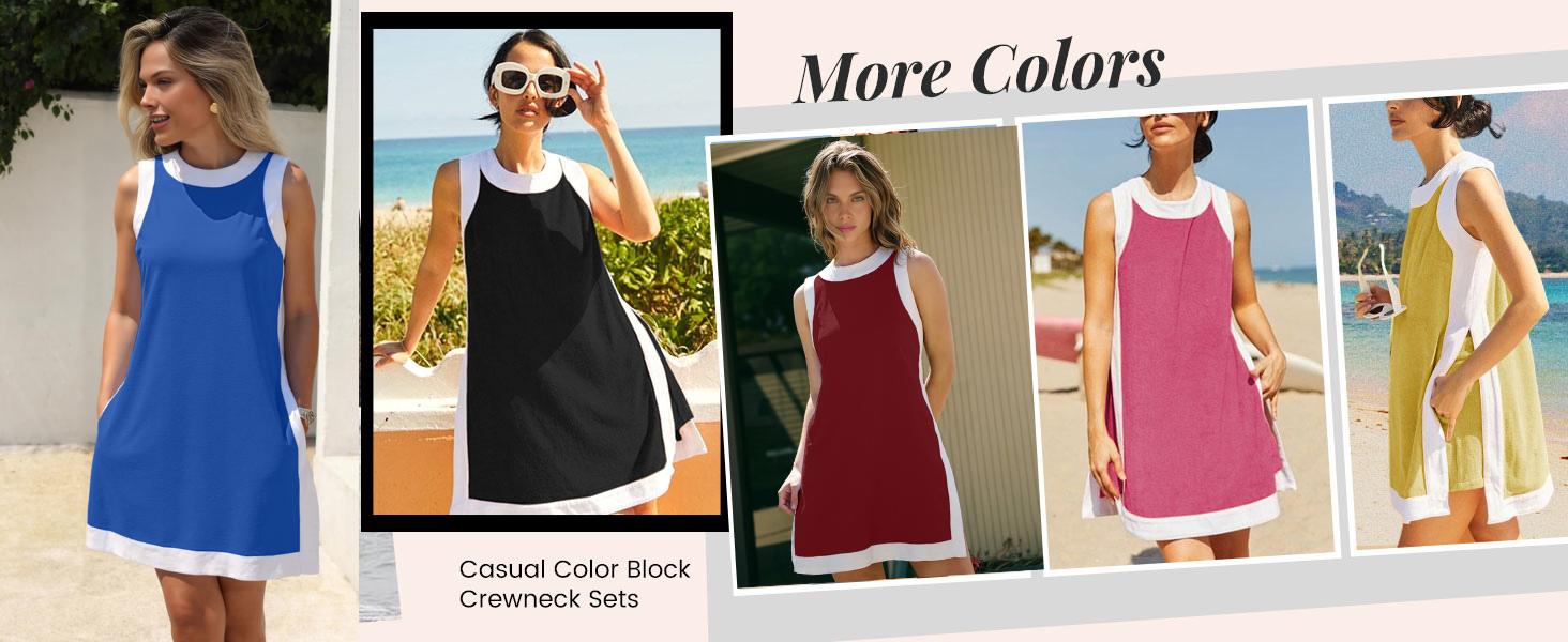 Kingapril Women's Casual Two Piece Sets Color Block Crewneck Sleeveless Pullover Tops Matching Shorts With Pockets