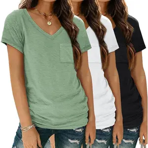 Womens V Neck T Shirts Short Sleeve Tees Lightweight Summer Tops with Pocket Casual Womenswear Black Elegance