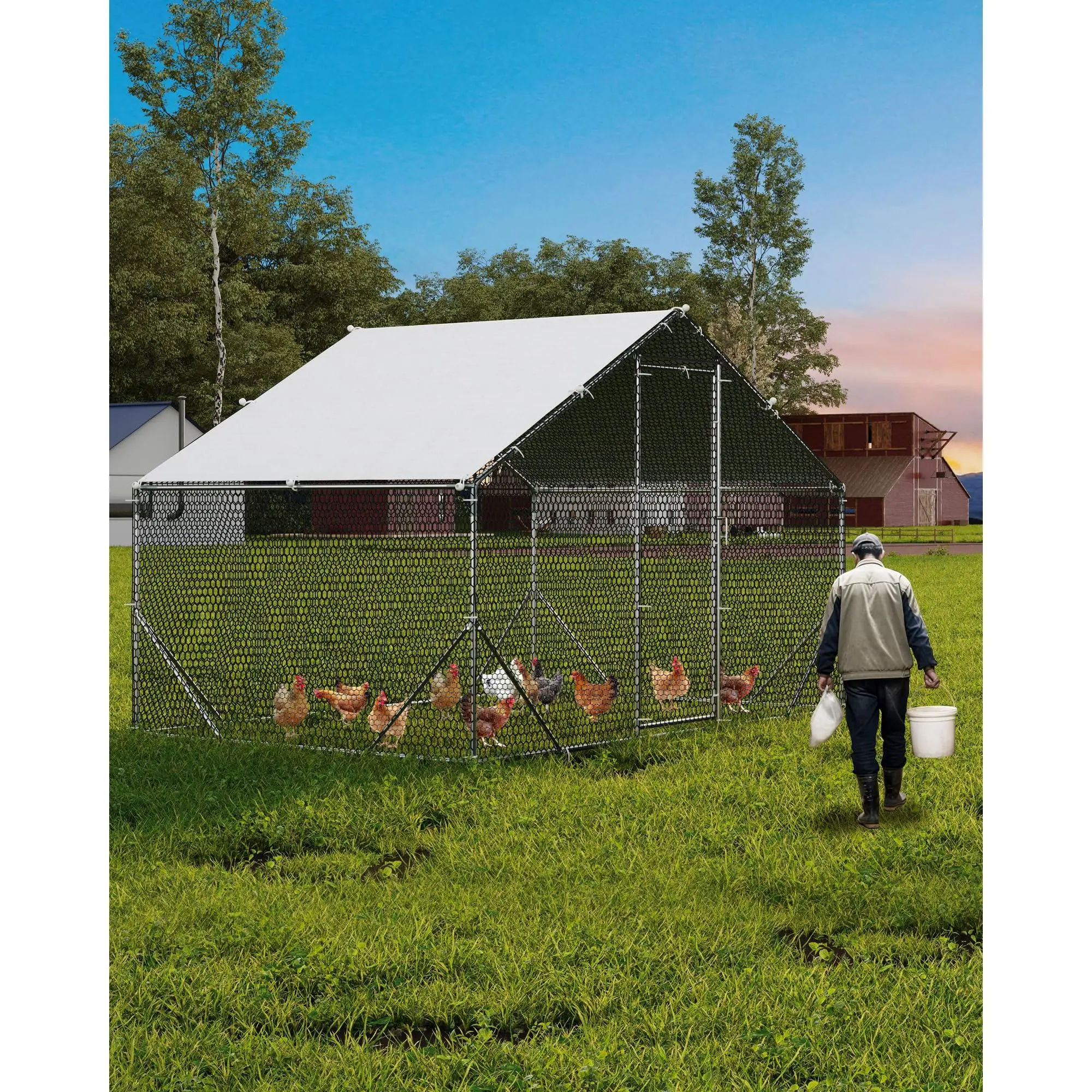 Garvee Large Metal Chicken Coop and Walk-in Poultry Cage with Anti-UV and Waterproof Cover, Available in Multiple Sizes for 6 to 20 Chickens, Featuring Lockable Doors and Tri-Supporting Wire Mesh for Outdoor Use