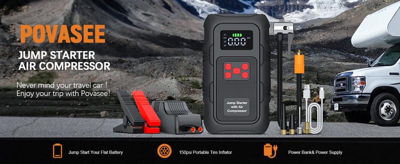 HPBS Portable Power Bank Car Jump Starter With Air Compressor 24000mAh 6000A 150PSI Fast Inflation 12V Battery Booster for 10.0L Gas 8.0L Diesel Engines
