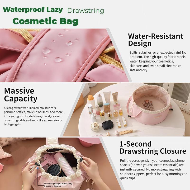 All in One Lazy Drawstring Waterproof Drawstring Makeup Bag Storage Bag with Large Capacity for Girls and Women Ideal for Home Business Trips Travel Organized Storage Hub Compact Design Stylish Durable drawstring makeup bag purse. gift clear cosmetic