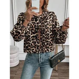 Women'sLeopardPrintTieFrontBishopSleeveBlouse,ElegantLongSleeveRoundNeckTopforSpring&Fall,Women'sClothesforDailyWear