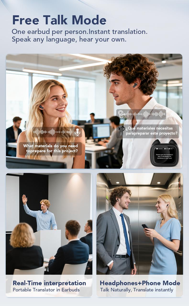 Miniso MS102-AI Translation Earphones, Bluetooth 6.0, LED display, high-fidelity wireless earphones, IPX5 waterproof rating, noise-canceling microphone, stereo in-ear headphones, suitable for office, sports, and study | Built-in microphone | Earphones