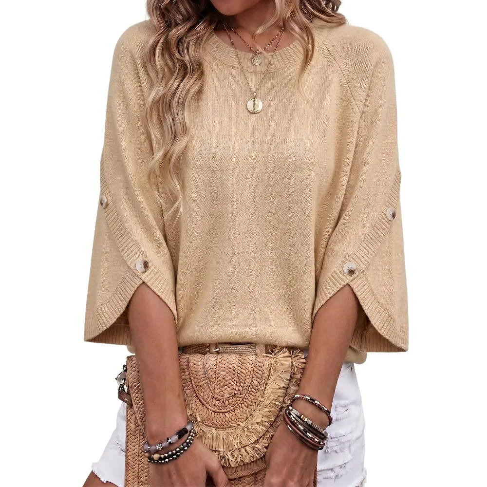 Dokotoo Womens Three Quarter Length Sleeve Casual Oversized Trendy Sweaters Crewneck Sweater Knit Tops Button Sleeve Knit Pullover