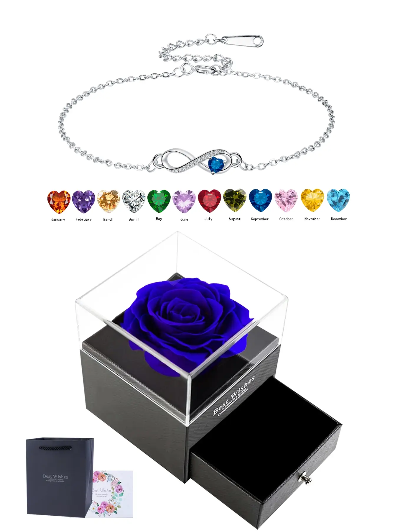 Heart CZ Birthstone Infinity Pendant Bracelets With Artificial Rose Jewelry Gift Box, Endless Love Symbol Bracelets for Women, Heart Design Bracelet, Birthday Christmas Jewelry Gift for Wife Mom Daughter Heart Zirconia Bracelet