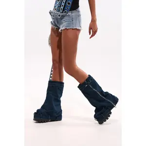 AKIRA GOLD ANGELA FOLD OVER PLATFORM BOOT IN DARK DENIM