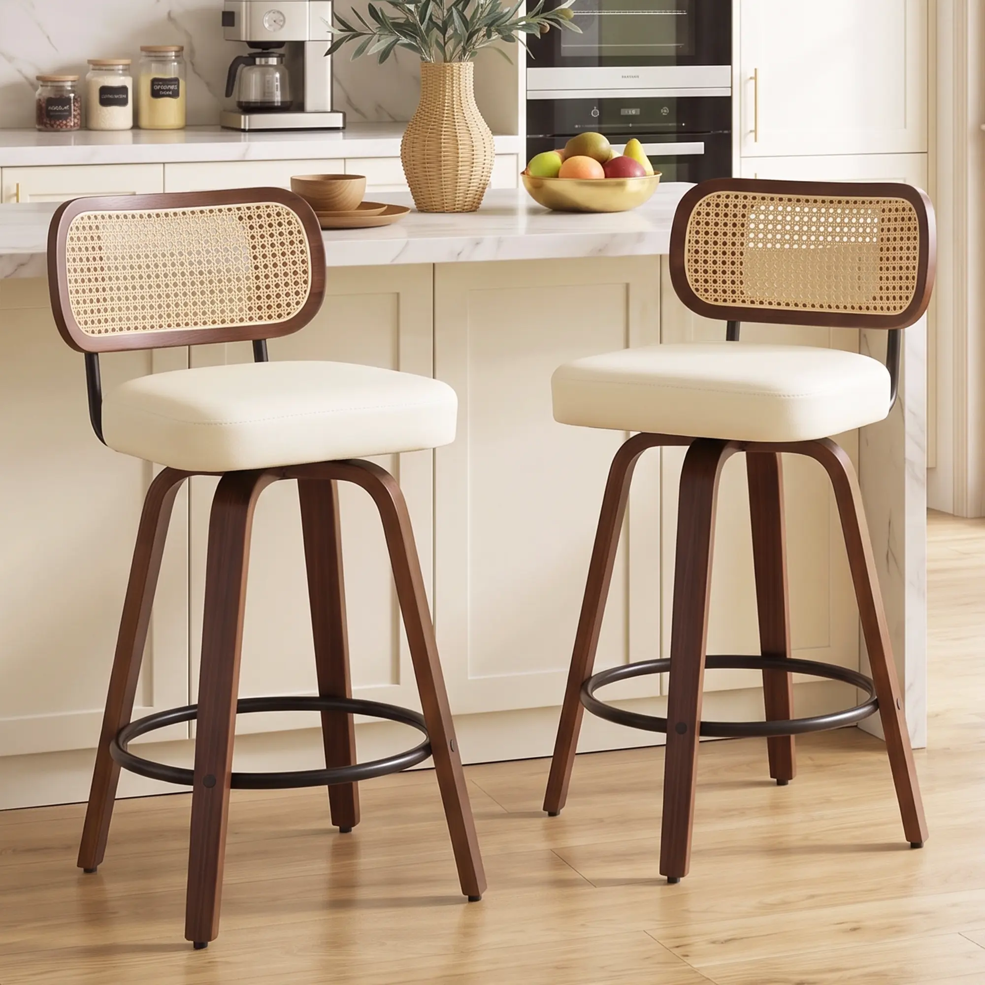 26" Modern Counter Height Bar stool - Upholstered 360° Rotate Chair with PU Leather/Linen Cushion, Rattan Back, Walnut Wood Legs, Metal Frame for Home Bar, Kitchen Island  height stool
