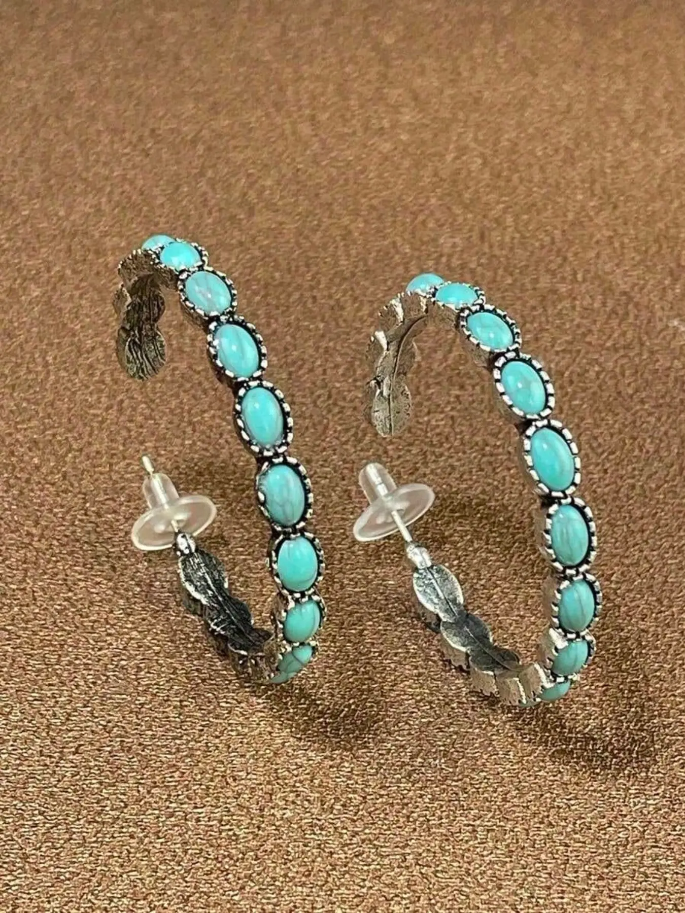 Western Style Turquoise Pendant Metal Alloy Large Oval Earrings, Vintage Fashion Statement Earrings, Bohemian Flair Women's Jewelry Delicate Hoop Earrings, 1 Pair, Safe, Durable, Design, Wear