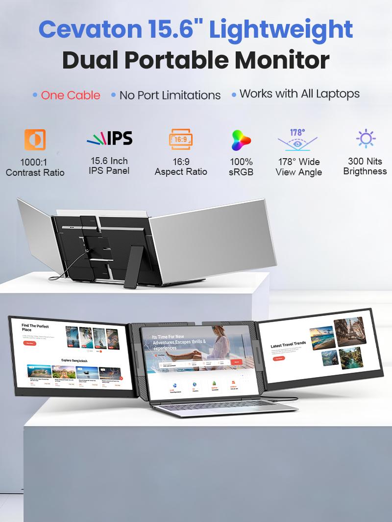 【WeeklyDeals】Cevaton One Cable Laptop Screen Extender, 15.6” Ultra-Slim Dual Portable Monitor, 1080P FHD IPS Display, USB-C/USB-A Connection, Travel Monitor for 13–17.3" Laptops, MacOS/Windows/Android