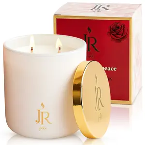 JR Luxury Rose Candle - Oud & Hibiscus Scent Hand-Poured Coconut Apricot Wax Vegan Non-Toxic Romantic Gift with Rose Quartz Decorative 12 oz Glass Jar