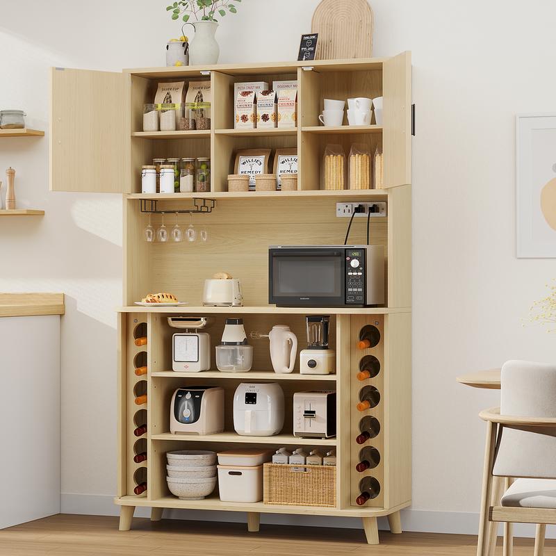 Aowos 71” Pantry Cabinet with Charging Station, Tall Kitchen Storage Cabinet with 2 Sliding Tambour Doors, Hutch Bar Cabinet with Built-in Wine Rack and Adjustable Shelves, Freestanding Buffet Sideboard for Kitchen, Dining Room, Walnut, Black, Natural
