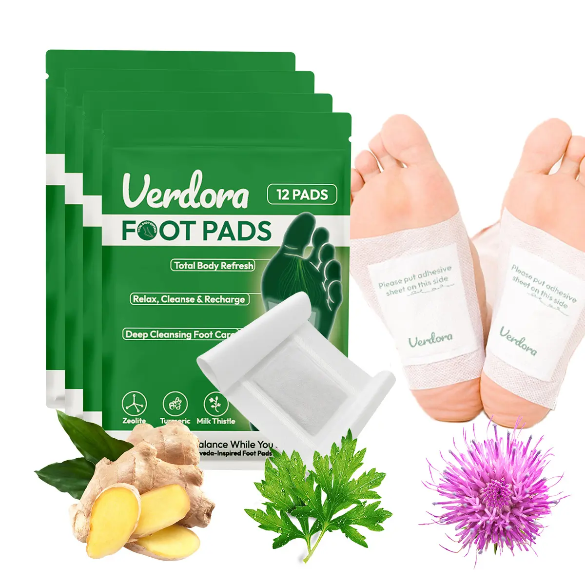Natural Herbal Health & Wellness Therapy Foot Pads with Bamboo Vinegar, Ginger Powder, Adhesive Foot Care Solution Sheets, Treatment, Botanical Extracts Foot Masks
