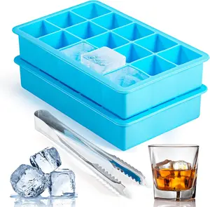 2 Pack Ice Cube Trays, Silicone Easy Release Flexible Molds 15 Ice Cubes Tray for Freezer，Cocktail，Whiskey，Reusable & BPA Free